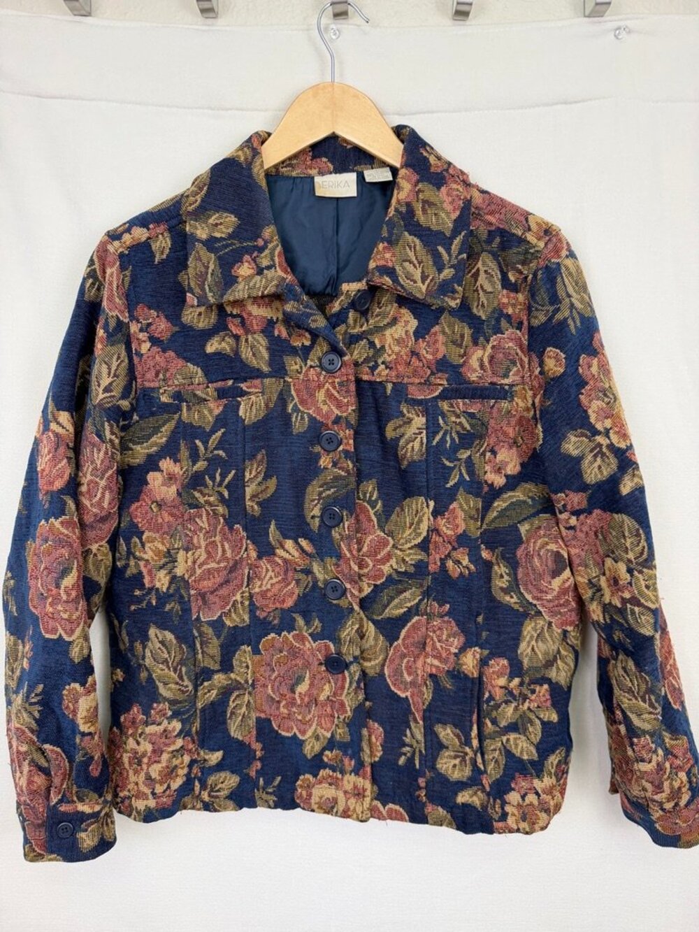 Vintage 90s Erika Floral Tapestry Chore Jacket Brocade Blazer Navy Large